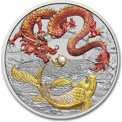 Perth Mint Stříbrná mince Dragon & Koi Red & Gold Colorized BU 1 Oz