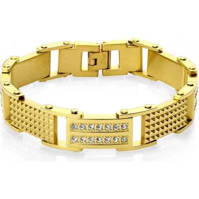 Šperky eshop ocelový zlaté barvy články s vroubky a s kulatými zirkony hodinkové zapínání Q09.20