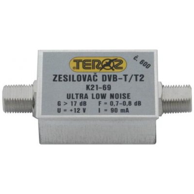 Teroz Anténní zesilovač 600X, nízkošumový, UHF, G17dB, F0,7dB, U>120dBµV, F-F – Zbozi.Blesk.cz