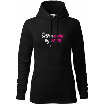 Dámská mikina s kapucí Šetřím vodu piju VÍNO ČERNÁ Černá Bílá + růžová – Zboží Dáma