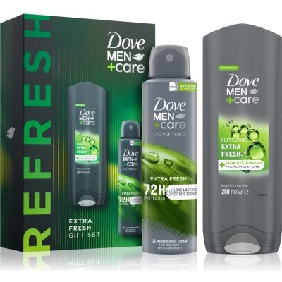 Dove Men+Care Extra Fresh sprchový gel na obličej, tělo a vlasy 250 ml + Extra Fresh antiperspirant ve spreji 150 ml – Zbozi.Blesk.cz