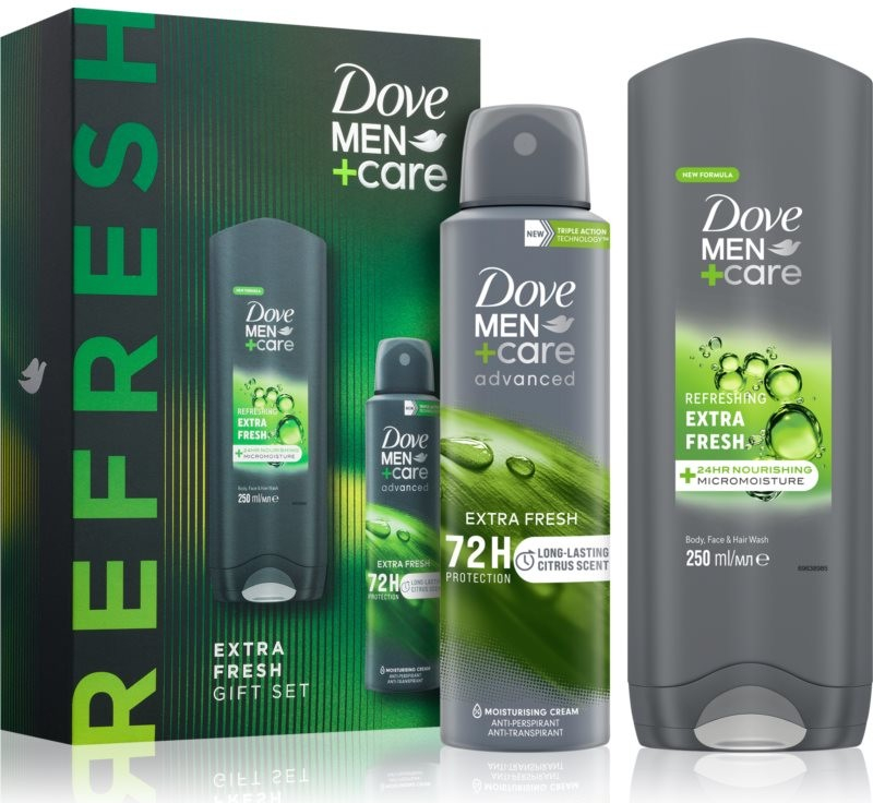 Dove Men+Care Extra Fresh sprchový gel na obličej, tělo a vlasy 250 ml + Extra Fresh antiperspirant ve spreji 150 ml