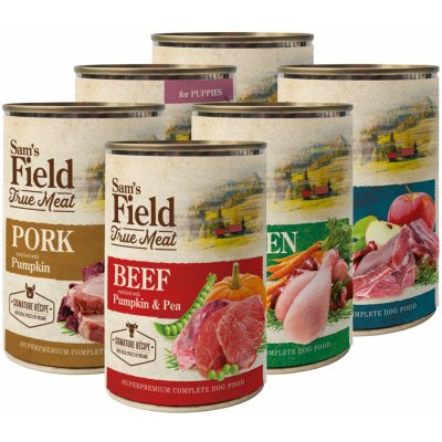 Sam's Field Puppy True Mix Beef with Pumpkin & Pea and Chicken & Carrot and Lamb & Apple and Pork & Carrot & Linseed Oil 6 x 400 g – Hledejceny.cz