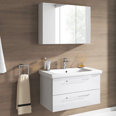 Inter Handels Sada koupelnového nábytku Neapol 2 ks Zrcadlová skříňka s vysokým leskem bílá Umyvadlová skříňka 80 cm