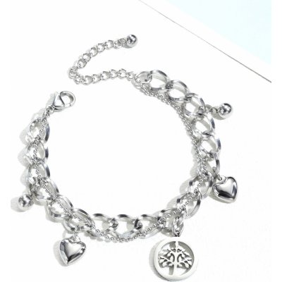 Šperky Eshop ocelový náramek řetěz s přívěskem se stromem života srdíčky a kuličkami stříbrná S79.12