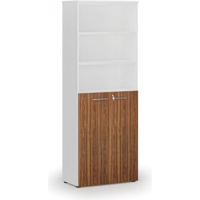 Primo Kombinovaná kancelářská skříň WHITE, dveře na 3 patra, 2128 x 800 x 420 mm, bílá/ořech – Zboží Mobilmania