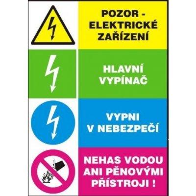 MAGG Pozor elektrické zařízení-Hlavní vypínač-Vypni v nebezpečí-Nehas vodou ani...-samolepka A5 120224 – Zboží Mobilmania