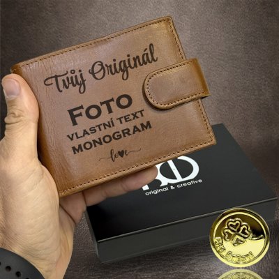 Hnědá kožená peněženka s laserovým gravírováním Monogram text nebo foto – Zboží Dáma