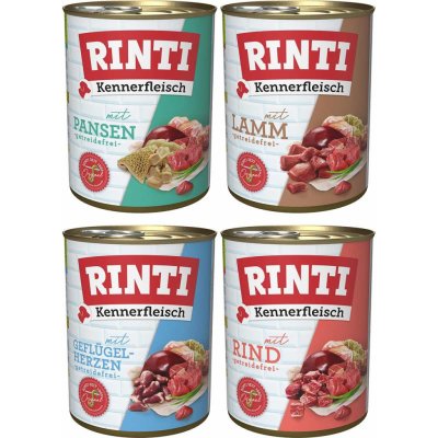Rinti Kennerfleisch kombinované balení hovězí a drůbeží srdce jehněčí a bachor 24 x 800 g – Hledejceny.cz