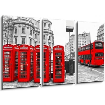 Obraz 3D třídílný - 90 x 50 cm - Red telephone boxes and double-decker bus, london, UK. Červené telefonní schránky a dvojité