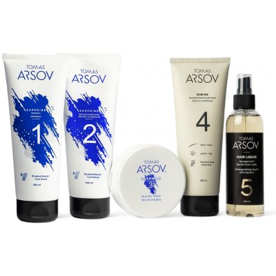 Tomas Arsov Podpora studených tónů pro blond vlasy a šediny SAPPHIRE Šampon 250 ml + Kondicionér 250 ml + Maska 100 ml + BONFIRE Bezoplach. kondic. 250 ml + HAIR LIQUID Keratin. voda 200 ml set – Sleviste.cz