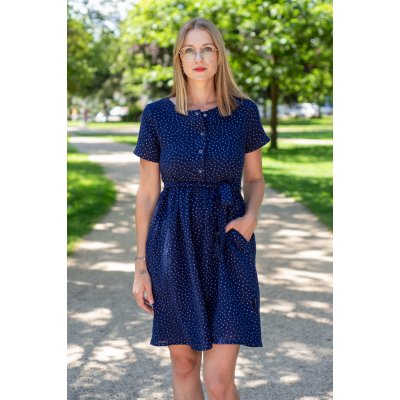 Jsem máma mušelínové kojicí šaty s mašlí tmavě modré s puntíčky – Sleviste.cz