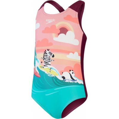 Speedo Girls Digital Printed Swimsuit - chockaberry/ coral/ new turquoise