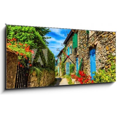 Obraz s hodinami 1D panorama - 120 x 50 cm - Beautiful colorful medieval alley in Yvoire town in France Krásná barevná středověká ulička ve městě Yvoire ve Francii