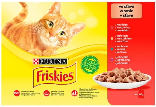 Friskies s hovězím kuřetem jehněčím kachnou ve šťávě 4 x 85 g