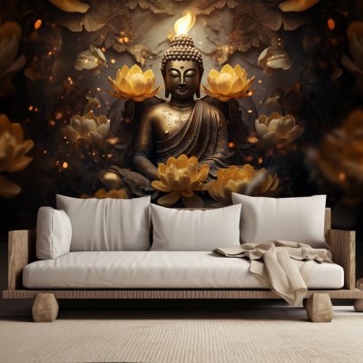 Gario Fototapeta Zlatý Budha a lotosové květiny Vliesová, Rozměry: 200 x 140 cm – Zboží Mobilmania