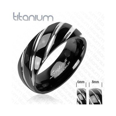 Šperky eshop Titanový prsten černé úzké šikmé zářezy ve stříbrném odstínu B1.6