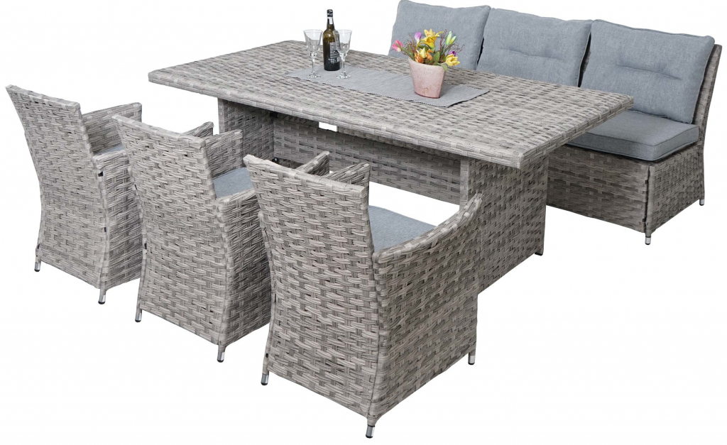 Mendler Polyratanová sedací souprava HWC-G59, zahradní souprava Sofa Lounge Set, 200x100cm šedá, polštáře světle šedé