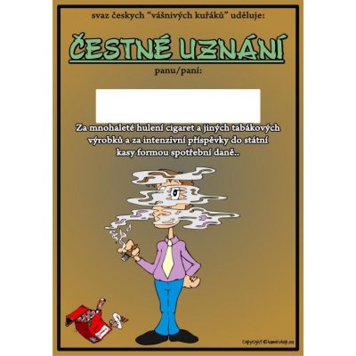 Čestné uznání Svaz vášnivých kuřáků – Hledejceny.cz