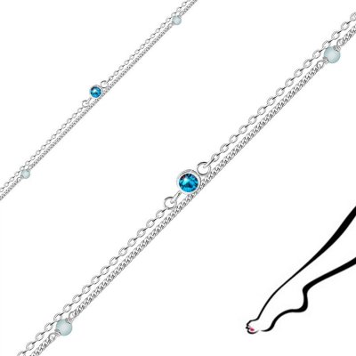 Šperky eshop Náramek na kotník z stříbra dvojitý řetízek zirkon v objímce topasové korálky Q8.07 Modrý