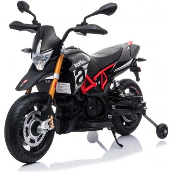 Beneo elektrická motorka Aprilia Dorsoduro 900 Licencované 12 V Eva měkké kola 2 x 18W motor 12V baterie odpružení kovový rám kovová vidlice pomocná kolečka černá