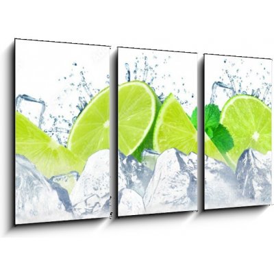 Obraz 3D třídílný - 90 x 50 cm - lime water splash and ice cubes isolated on the white stříkající voda z vápna a kostky ledu izolované na bílém – Zboží Mobilmania