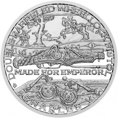 Česká mincovna Stříbrná mince Střelné zbraně Dvouhlavňová pistole pro císaře Karla V. proof 1 oz – Zboží Mobilmania