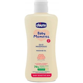CHICCO Olej masážní s bavlnou a vitamínem E Baby Moments Sensitive 74 % přírodních složek 200 ml