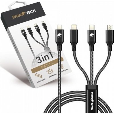 RhinoTech nabíjecí a datový kabel 3v1 USB-C (MicroUSB + Lightning + USB-C) 40W 1,2m černá