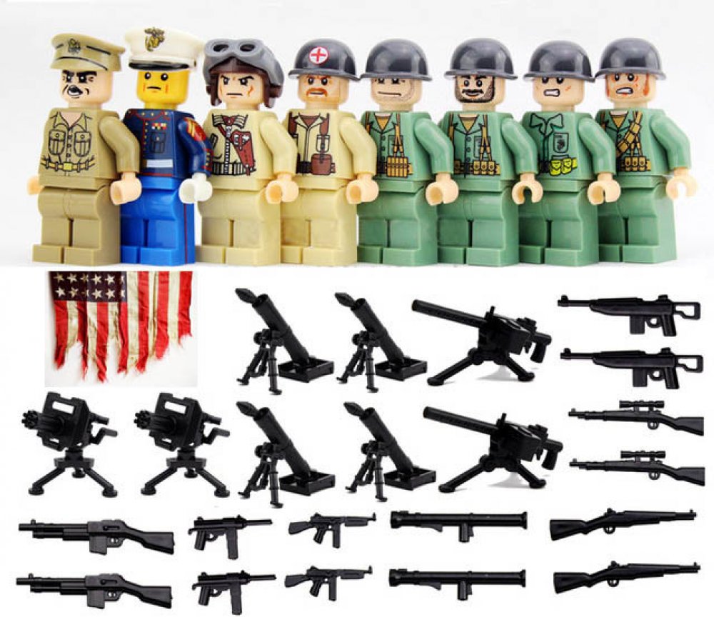 Figurky / Minifigurky WW2 vojáci 2. světová válka americká námořní pěchota  LEGO kompatibilní sada 8ks + 8x těžké zbraně + 40 zbraní | Srovnanicen.cz