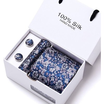 Luxusní Kravata modrá Flower manžetové knoflíčky kapesníček modrá – Zboží Mobilmania