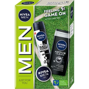 Nivea Men Black & White antiperspirant ve spreji 150 ml + Active Clean sprchový gel na obličej a tělo 250 ml + Creme krém na obličej a tělo 30 ml