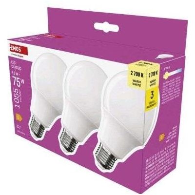 EMOS ZQ5E51.3 LED žárovka Classic A60 / E27 / 9,5 W 75 W / 1055 lm / teplá bílá 3 ks – Zboží Mobilmania