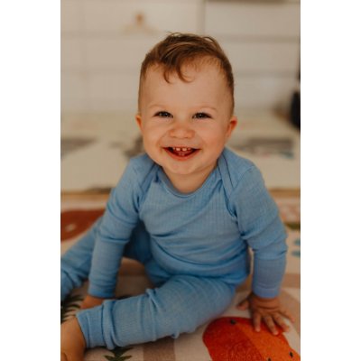 Dětské body z merino vlny bavlny a hedvábí Cosilana s dlouhým rukávem modrý melír – Zboží Mobilmania