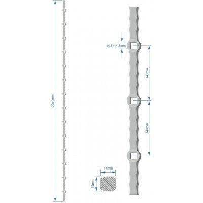 Probíjená tyč H 2000 mm opískovaná, zdobený profil 14x14 mm, rozteč děr 140 mm, na jedné tyči je 14x oko 14,5x14,5 mm