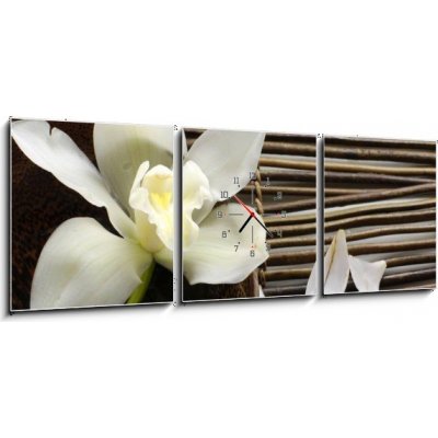Obraz s hodinami 3D třídílný - 150 x 50 cm - bowl of orchid, petal on bamboo mat miska orchideje, okvětní lístek na bambusové rohoži – Zbozi.Blesk.cz