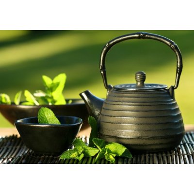 WEBLUX 5535303 Samolepka fólie Black iron asian teapot with sprigs of mint for tea Černá železná asijská čajová konvice s větvičkami na čaj rozměry 145 x 100 cm – Hledejceny.cz