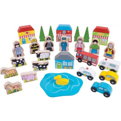 Bigjigs Vláčkodráha tématický set Budovy figurky auta – Zboží Mobilmania