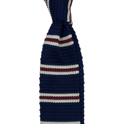Pletená kravata s vínovými a bílými proužky modrá – Zboží Mobilmania