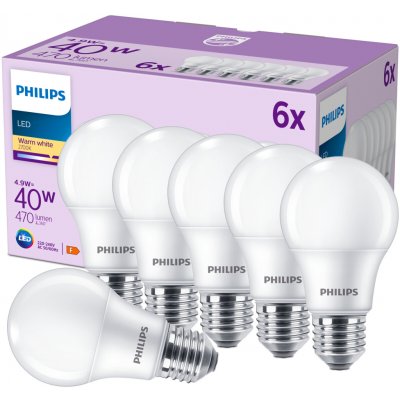 Philips 6x LED žárovky E27 A60 4,9W = 40W 470 lm 2700K teplá bílá – Hledejceny.cz