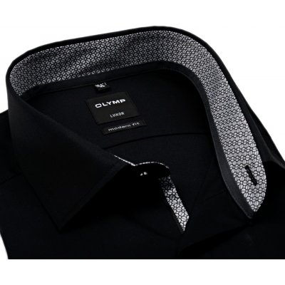 Olymp Luxor Modern Fit černá košile s černo-bílým vnitřním límcem prodloužený rukáv – Sleviste.cz