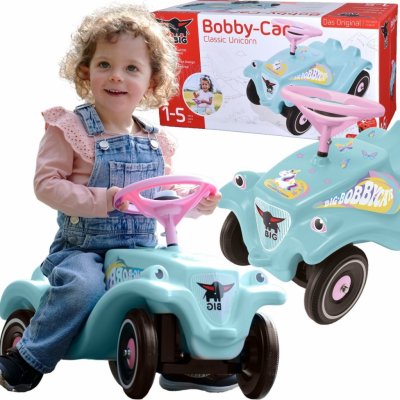 BIG auto Bobby Car Classic Unicorn ekologické tyrkysové s klaksonem a trendy nálepkami – Zboží Mobilmania