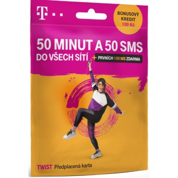 PŘEDPLACENÁ T-MOBILE TWIST SIM KARTA - ZDARMA 50 MINUT, 50 SMS A 100 MB DAT, kredit 100,- Kč