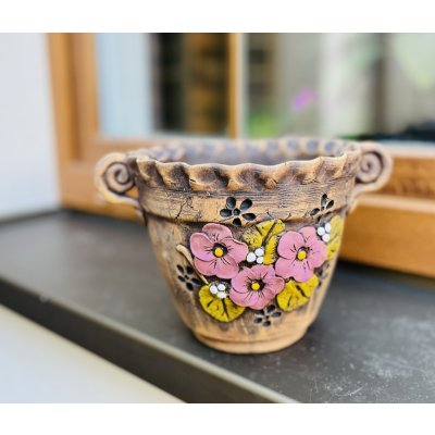 Keramika Javorník Květináč s uchy - fialky 13 x 19cm hnědý