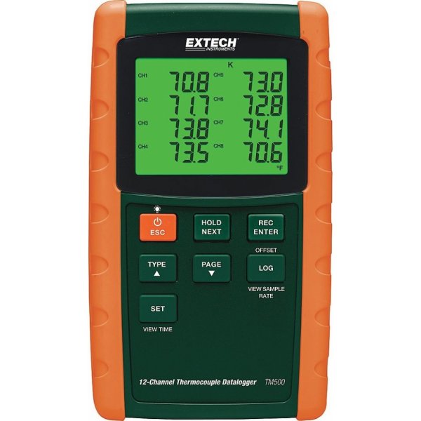 Měřiče teploty a vlhkosti Extech 12-ti TM500 pro 6 typů termočlánků