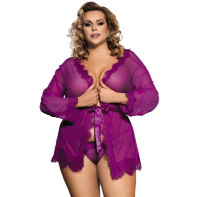 Sheer Lace Trim Purple Robe – Zboží Dáma