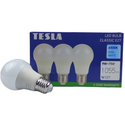 Tesla LED žárovka BULB E27, 9W, 230V, 1055lm, 25 000h, 6500K studená bílá, 220st 3ks