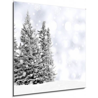 Obraz 1D - 50 x 50 cm - Snowy trees with twinkling silver background and snowflakes Zasněžené stromy s blikajícím stříbrným pozadím a sněhové vločky – Zboží Mobilmania