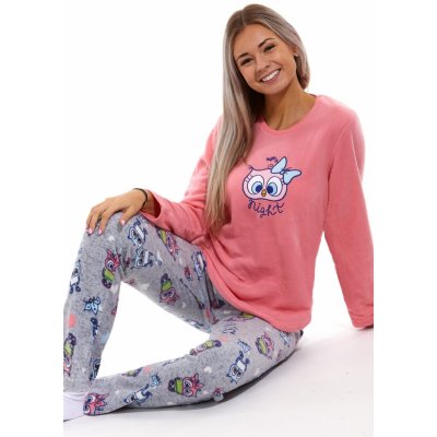 Růžové teplé dámské pyžamo se sovičkami 1Z1321