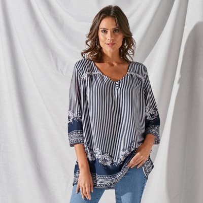 Blancheporte široká halenka s potiskem indigo/režná – Zboží Dáma